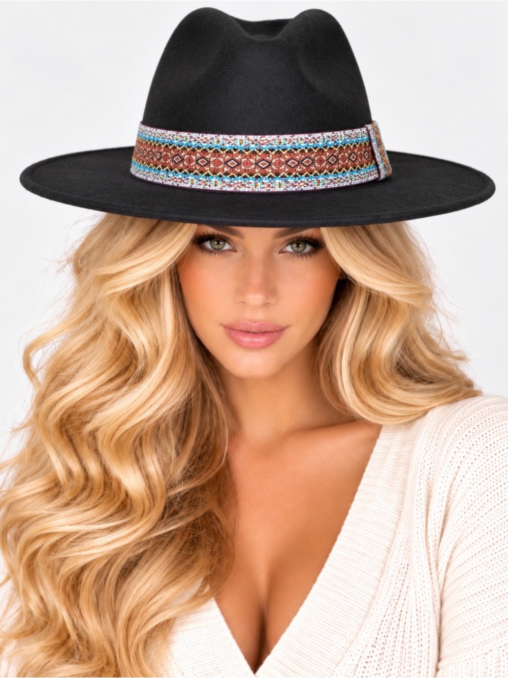 HAT Black Fedora Felt Hat Attached Tribal Print Hat Band New Cowboy Western …